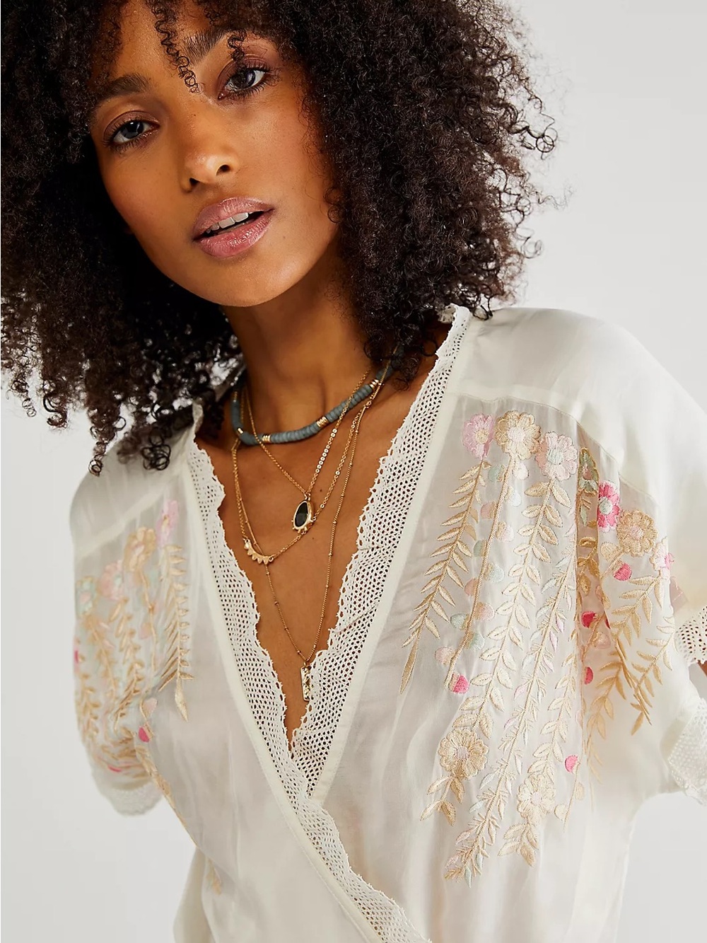 Free People Ivory Renee Embroidered Wrap Top